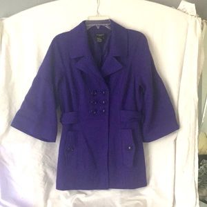 EUC Sandro sportswear beautiful satin lined purple pea coat. Flare 3/4 sleeves.
